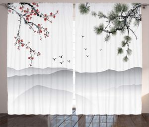 Cortina Estilo de pintura china Cortinas Obra de arte con ramas de árboles Pájaros Montañas Paisaje Arte Sala de estar Dormitorio Decoración Rojo Verde