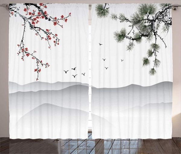 Cortina Estilo de pintura china Cortinas Obra de arte con ramas de árboles Pájaros Montañas Paisaje Arte Sala de estar Dormitorio Decoración Rojo Verde