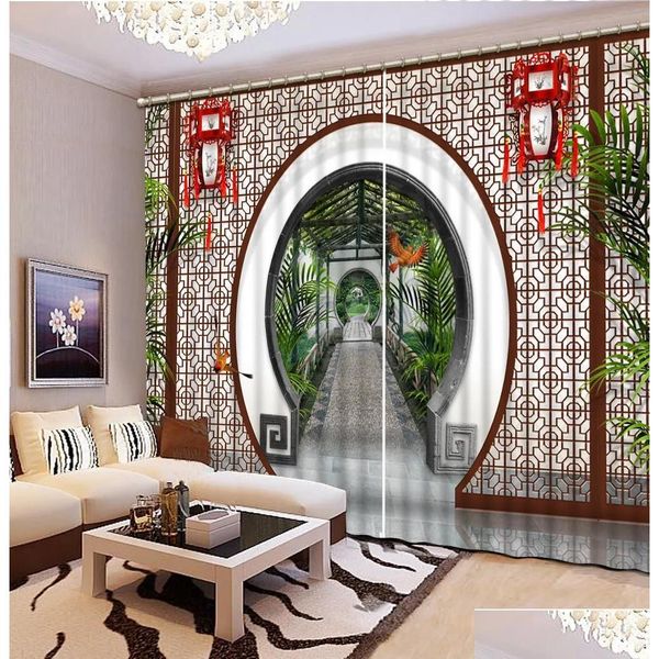 Rideau style chinois rideaux 3D paysage fenêtre décoration dans le salon blanc livraison directe maison jardin textiles traitements Dhtba