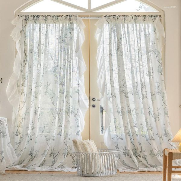 Cortina estilo chino clásico azul flores tul cortinas para sala de estar Floral Lino urdimbre con volantes dormitorio cocina # A271