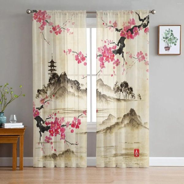 Rideau de style chinois peinture fleurs fleurs paysage tulle rideaux transparents pour le salon de la chambre à coucher voile drapes orgue