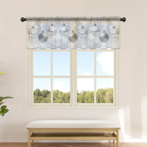 Cortina con luces navideñas y copos de nieve, cortinas transparentes para cocina, cafetería, cenefa de ventana de tul medio corta, decoración del hogar