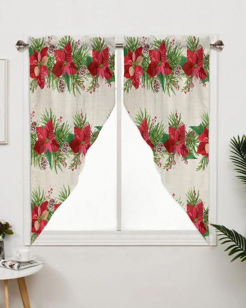 Rideau de noël Poinsettia fleur pommes de pin rideaux pour chambre fenêtre salon stores triangulaires rideaux