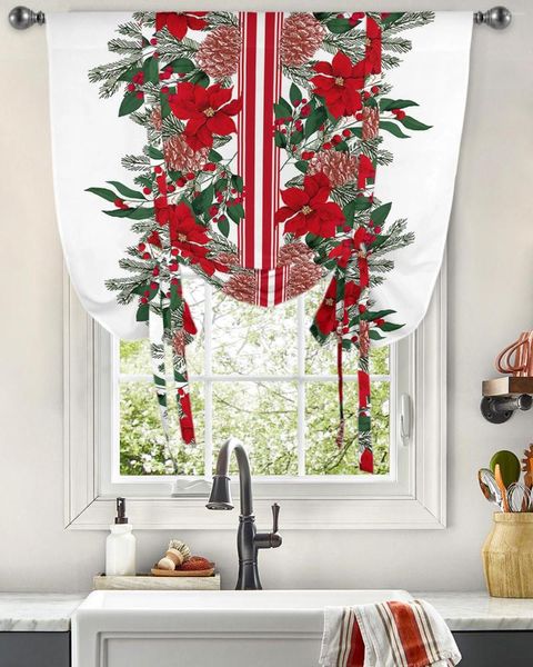 Cortina Navidad Poinsettia agujas de pino ventana cortinas atar para cocina sala de estar barra ajustable cortinas de bolsillo