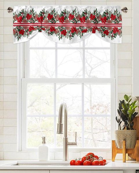 Cortina Navidad Poinsettia Agujas de pino Ventana Sala de estar Gabinete de cocina Tie-up Valance Rod Pocket