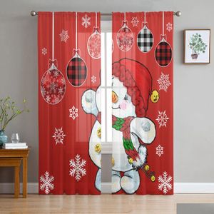 Cortina Navidad Muñeco de nieve rojo Copo de nieve Linterna Invierno Voile Cortinas transparentes Sala de estar Tle Ventana Dormitorio Cortinas Decoración para el hogar Drop de Dhmsc