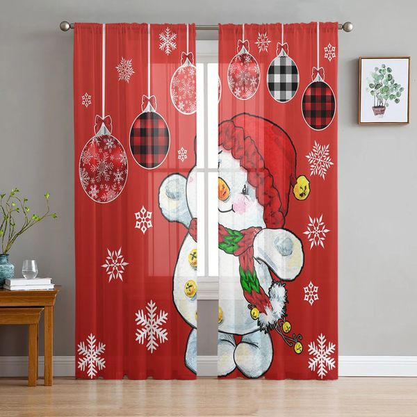 Rideau de Noël rouge bonhomme de neige flocon de neige lanterne hiver Voile rideaux transparents salon Tulle fenêtre rideau chambre rideaux décor à la maison 231013