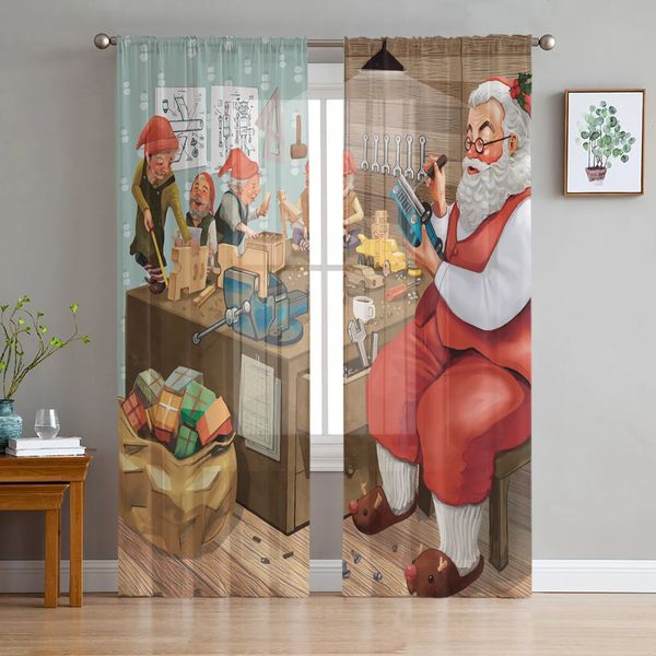 Rideau Noël Père Noël Cadeau Faisant Nain Tulle Fenêtre Rideaux Salon Organza Sheer Voile Rideau Chambre Cuisine Décor À La Maison 231012