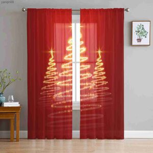 Rideau Arbre De Noël Rouge Or Chambre Transparent Sheer Rideaux Décoration De Vacances Fenêtre Voile Tulle Rideau HKD230821