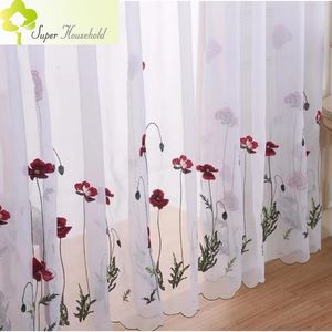 Rideau classique blanc transparent brodé de fleurs rouges, en Tulle pour salon, fenêtre pastorale Simple, rideaux en Voile pour chambre à coucher 231018