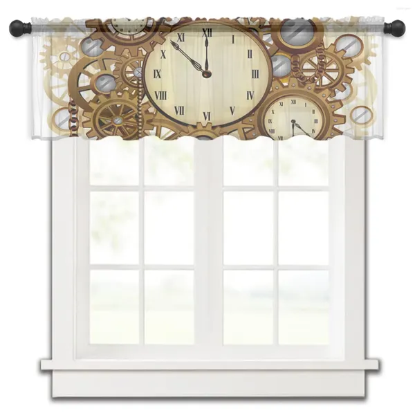 Rideau horloge Gear Steampunk métal court transparent fenêtre Tulle rideaux pour cuisine chambre décor à la maison petits rideaux de Voile