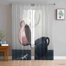 Cortina de café marco de taza cortinas de tul para sala de estar decoración del hogar