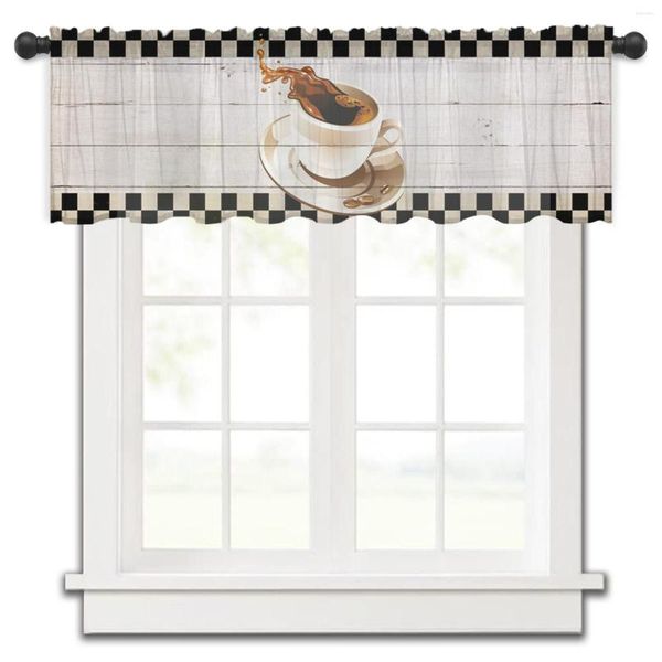 Cortina café grano de madera Retro cocina ventana pequeña tul transparente corto dormitorio sala de estar decoración del hogar cortinas de gasa