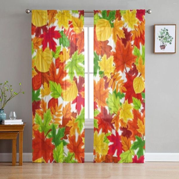 Cortina colorida de hojas de otoño, cortinas transparentes para sala de estar, dormitorio de niños, cortinas de tratamiento de ventana de cocina de tul