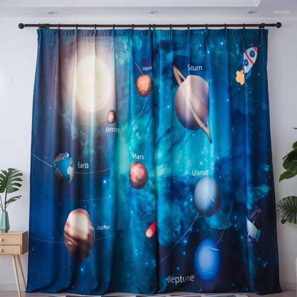 Cortina creativa para niños, cortinas con estampado de planetas, dibujos animados, semiopacas para dormitorio, sala de estar, cortinas modernas para niños, persianas azules