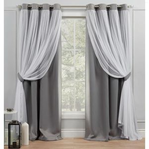 Cortinas Catarina en capas para oscurecer la habitación, opacas y con ojales transparentes, par de paneles superiores de 52x96, color gris suave