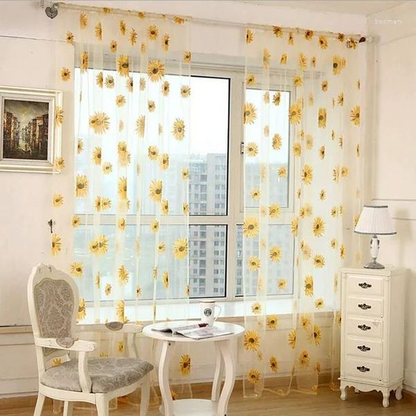 Rideau Rideaux Mignon Chambre Tournesol Impression Lumière Perméable Balcon Salon Et Fenêtre Écran Floral À Volants