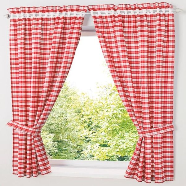 Cortinas para sala de estar, dormitorio, estilo nórdico, a cuadros, azul, moda roja, cinta Simple