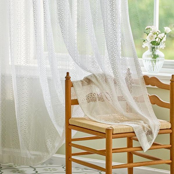 Cortinas para sala de estar, estilo rural, malla, dormitorio, balcón, hilo blanco, encaje francés, decoración de boda