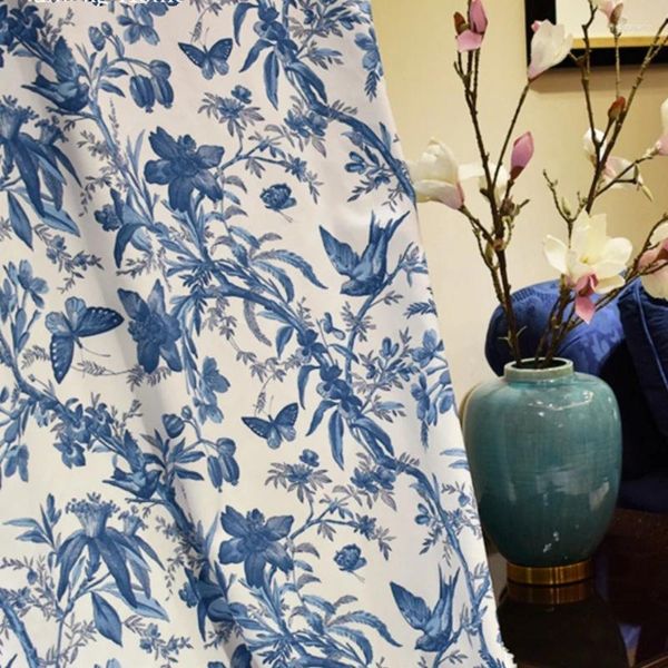 Rideau personnalisé American Chinese Flower oiseau papillon bleu blanc jacquard rideaux de luxe pour le salon chambre à coucher.