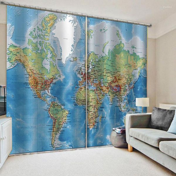 Cortina Cortinas de ventana personalizada Mapa del mundo para niños y niños Earth Planeta Planeta Sala de estar impresa Decoración del dormitorio