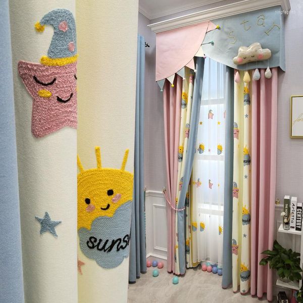 Rideau personnalisé étoiles et soleil dessin animé chambre d'enfant tissu garçon chambre fille baie vitrée personnalisation d'ombrage rose