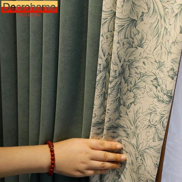 Cortina impresión verde oscuro empalmado sombreado cortinas de chenille para sala de estar dormitorio balcón de ventana francesa