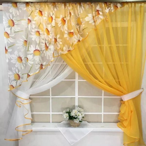 Diseño de cortina 2 PPC Crossed Sheer Daisy estampado Triángulo Corto Corto para la sala de estar Voile Farmhouse Window Draper