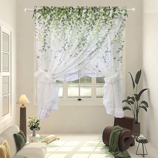 Diseño de cortina de doble capa semitransparente cruzada para sala de estar, hojas verdes, tul con volantes, cortinas para puerta, filtrado de luz WP207