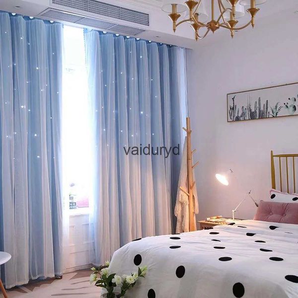 Rideau double couche étoiles creuses rideaux occultants pour chambre d'enfants rideaux transparents pour salon fenêtre de chambre de fille avec tulle blancvaiduryd