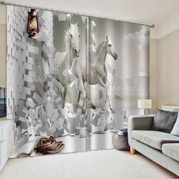 Gordijn gordijnen 3D PO Custom Size Muur Brick Witte Horse Gordijnen Polyester Microfiber Stof voor Slaapkamer Woonkamer Decor