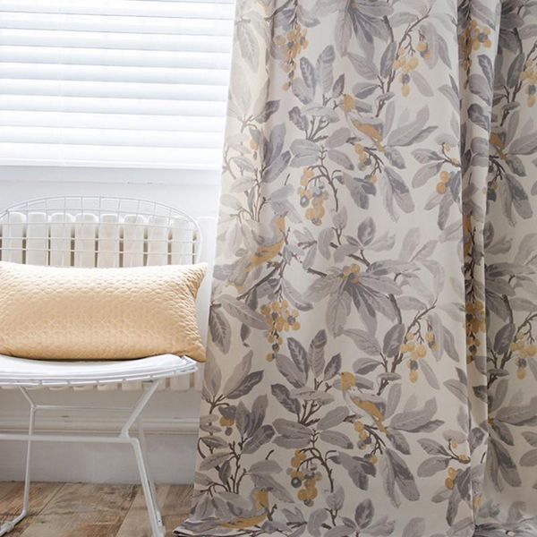 Cortinas Cortinas American Country Impresión Gris Amarillo Flor Pájaro Diseño Cortinas opacas para sala de estar Algodón Lino Dormitorio Tela # 5