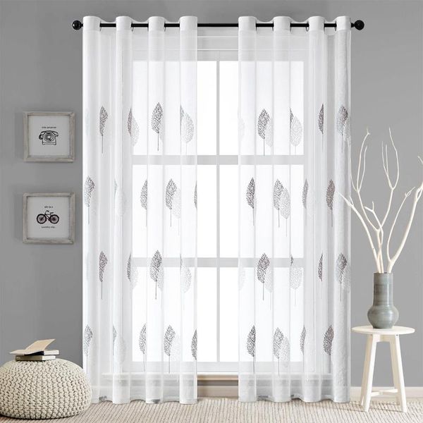 Rideau Tentures Feuilles Bicolores Brodé Transparent Blanc Tulle Rideaux Pour Salon Voile De Mode Sheer Home DecorCurtain