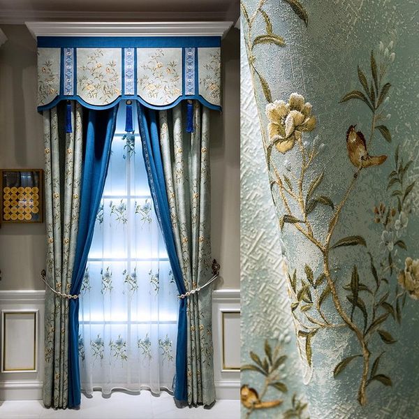 Rideau Tentures Bleu De Luxe Villa Tête Européenne En Relief Jacquard Abat-Jour Fini Salon Chambre Rideaux De Style Chinois