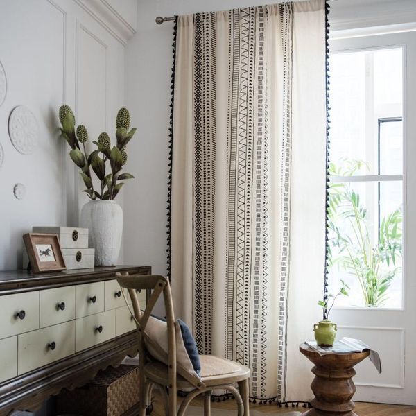 Cortinas de algodón y lino con estampado de borlas negras, cortinas bohemias personalizadas para sala de estar, decoración de sombreado de ventana de Bahía