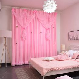 Gordijn gordijnen gordijnen voor slaapkamer black-out prinses kinderen meisjes dubbellaag roze kant raam woonkamer bruiloft