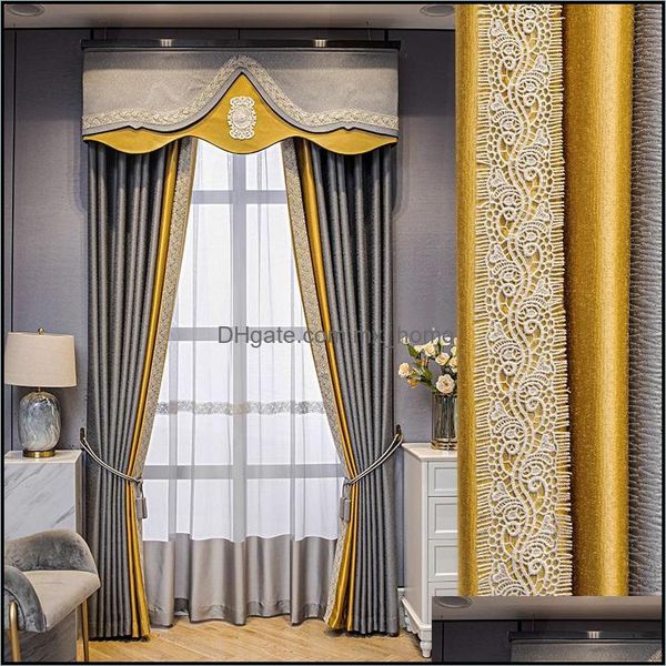 Cortinas Cortinas Personalizadas Alta calidad Moderna Simplicidad Bordado Empalme Seda Gris Encaje Oro Apagón Cenefa Tle Panel M1166 Drop Deliver