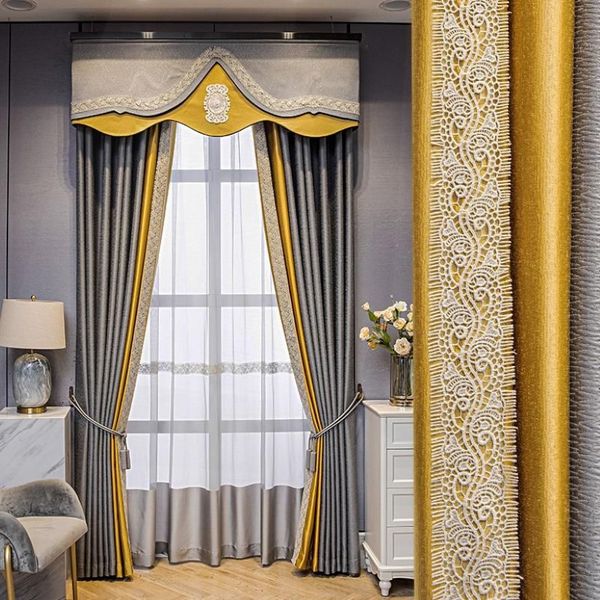 Cortinas cortinas personalizadas de alta calidad moderna simplicidad bordado empalme seda gris encaje oro apagón cenefa tul panel M1166304B