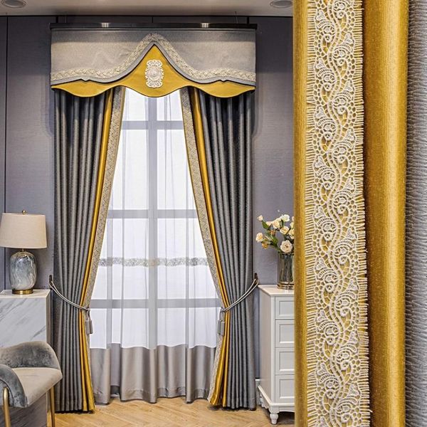 Cortinas cortinas personalizadas de alta calidad moderna simplicidad bordado empalme seda gris encaje oro apagón cenefa tul panel M1166281B