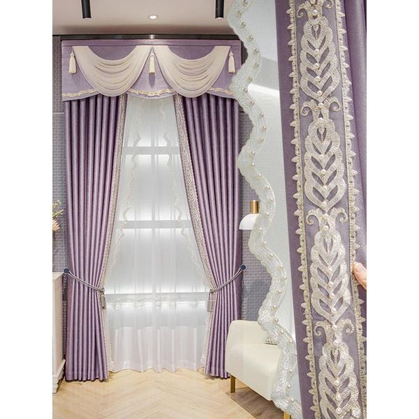 Cortinas cortinas personalizadas nórdicas modernas simples cuentas bordadas jacquard empalme encaje púrpura apagón cenefa tul panel M1257Curtain Drapes