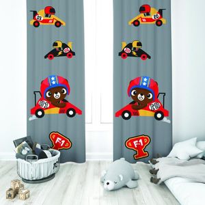 Cortinas Cortinas Cute Race Cars F-1 Patrón Baby Boy Room Diseño especial Shading Sash Hook Button Blackout Celoso Ventana Dormitorio Living