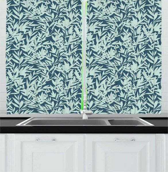 Cortinas cortinas de color azul oscuro menta verde coloreano hawaiano cortinas de cocina abarrotadas hojas trópicas