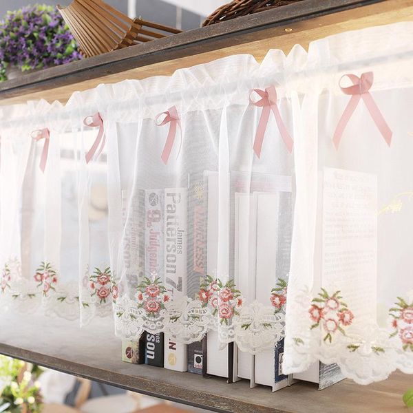 Cortinas estilo europeo encaje media cortina blanco dobladillo bordado tul lazo rosa decoración corta para puerta de armario de cocina