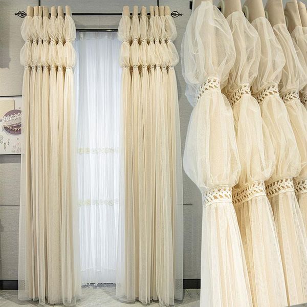 Cortinas francesas Beige plisado cenefa cortinas de doble capa estilo coreano estética Interior decoración del hogar ventana personalizada #4 cortina