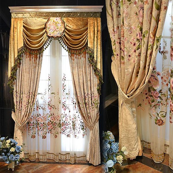 Rideaux rideaux haute qualité américain Chenille rideaux occultants tissu pour salon brodé fleur cantonnière Voile Tulle chambre