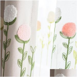Cortinas cortinas cortinas pastorales coreanas para sala de estar para niños niñas dormitorio flores bordadas personalizadas lindo tle sheer algodón l dhkqp
