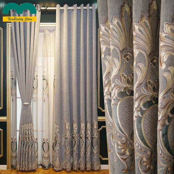 Cortinas cortinas bordadas huecas de lujo para sala de estar, comedor, dormitorio, ventana, chenilla opaca, personalizada, gris y azul