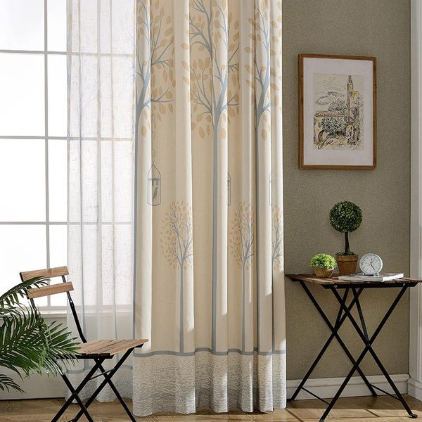 Cortinas Cortinas Moderna Simple Pastoral Estilo de dibujos animados Algodón y lino Alta calidad Árbol Pájaro Impreso para sala de estar Dormitorio