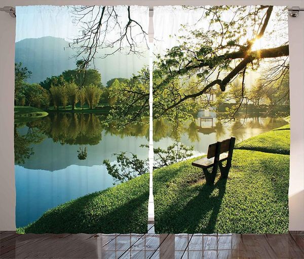 Cortinas cortinas naturales para sala de estar, silla de madera en el parque del jardín del lago, entorno tranquilo y sereno, ventana de tierra fresca