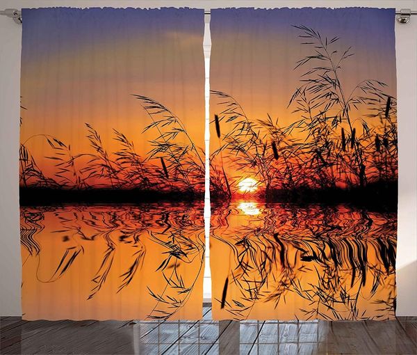 Rideaux Rideaux Nature Rideaux Pour Salon Lac Coucher De Soleil Longs Roseaux Romantique Botanique Ombre Comme Paysage Po Image Imprimer Fenêtre DrapesCu